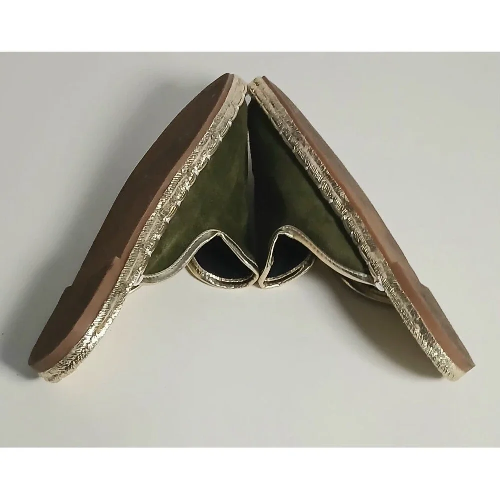Olive Suede Espadrille Slip On Mules Gold Trim Boutique Boho Luxe Size 7